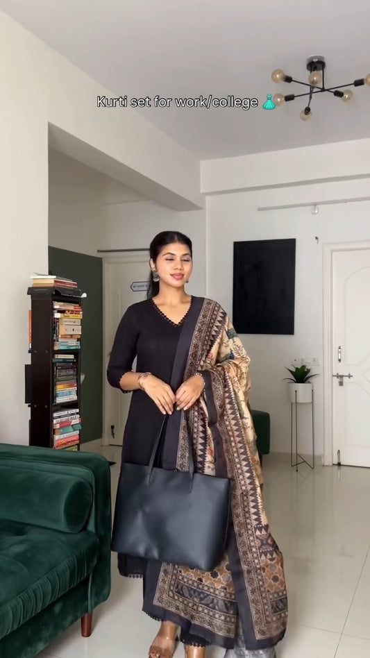 black kurta set with a multi-colored patterned dupatta