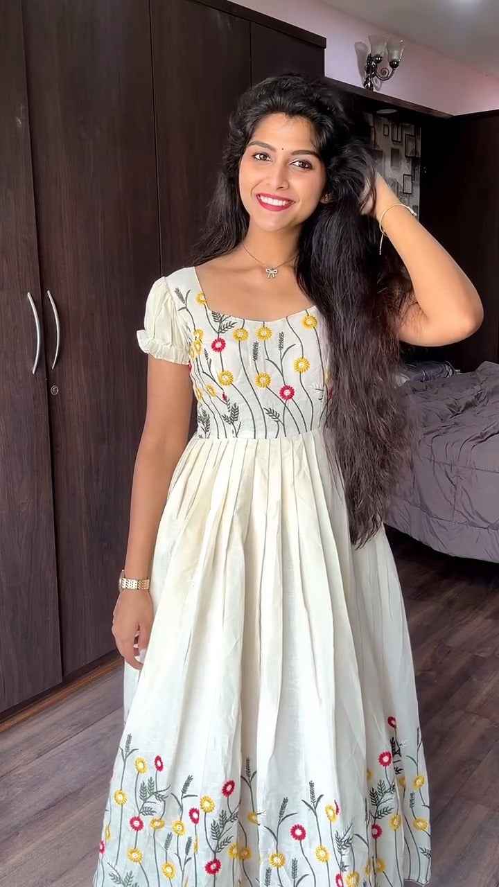 floral embroidered A-line cotton dress