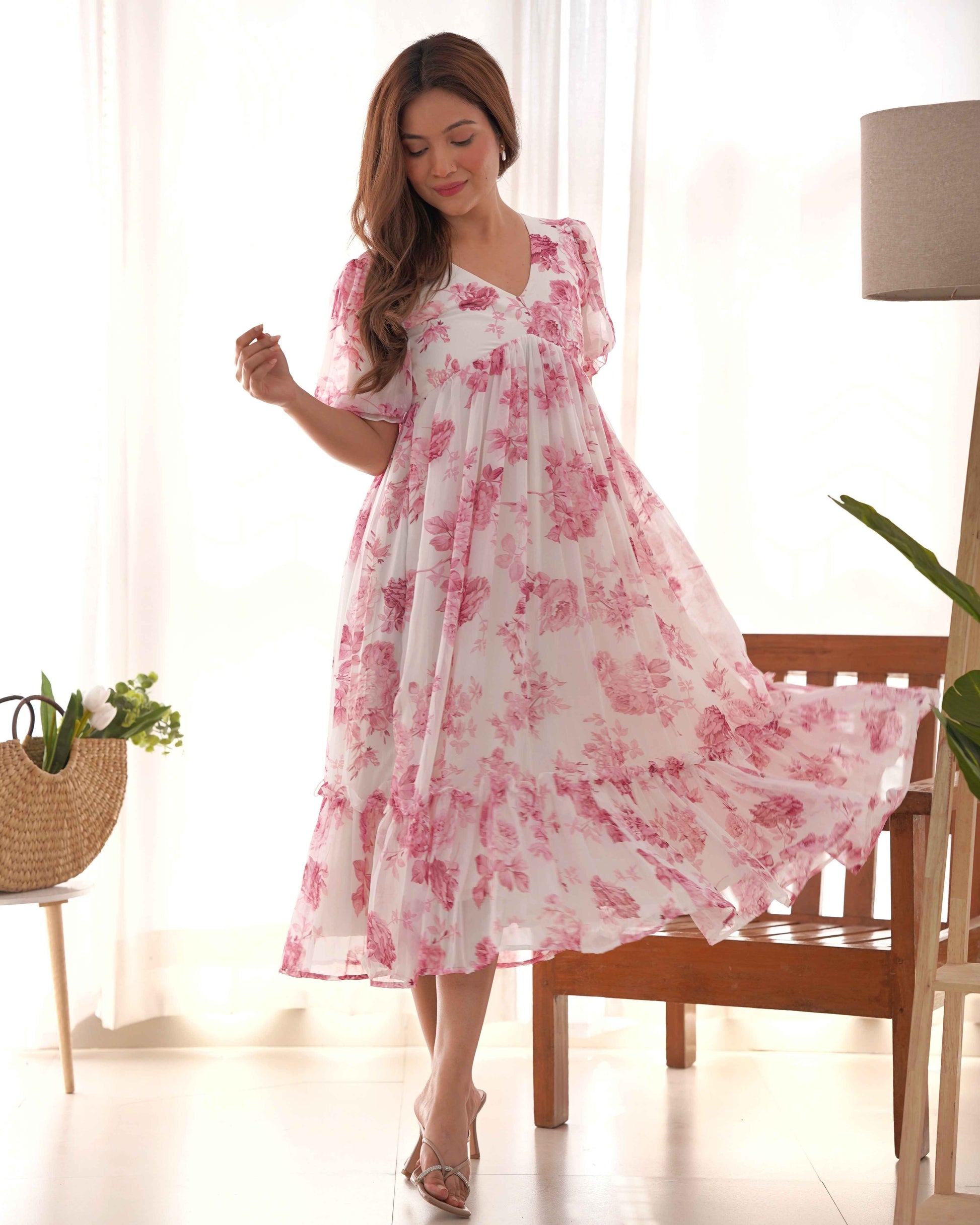 Pink Georgetee Floral Print One Piece Dress
