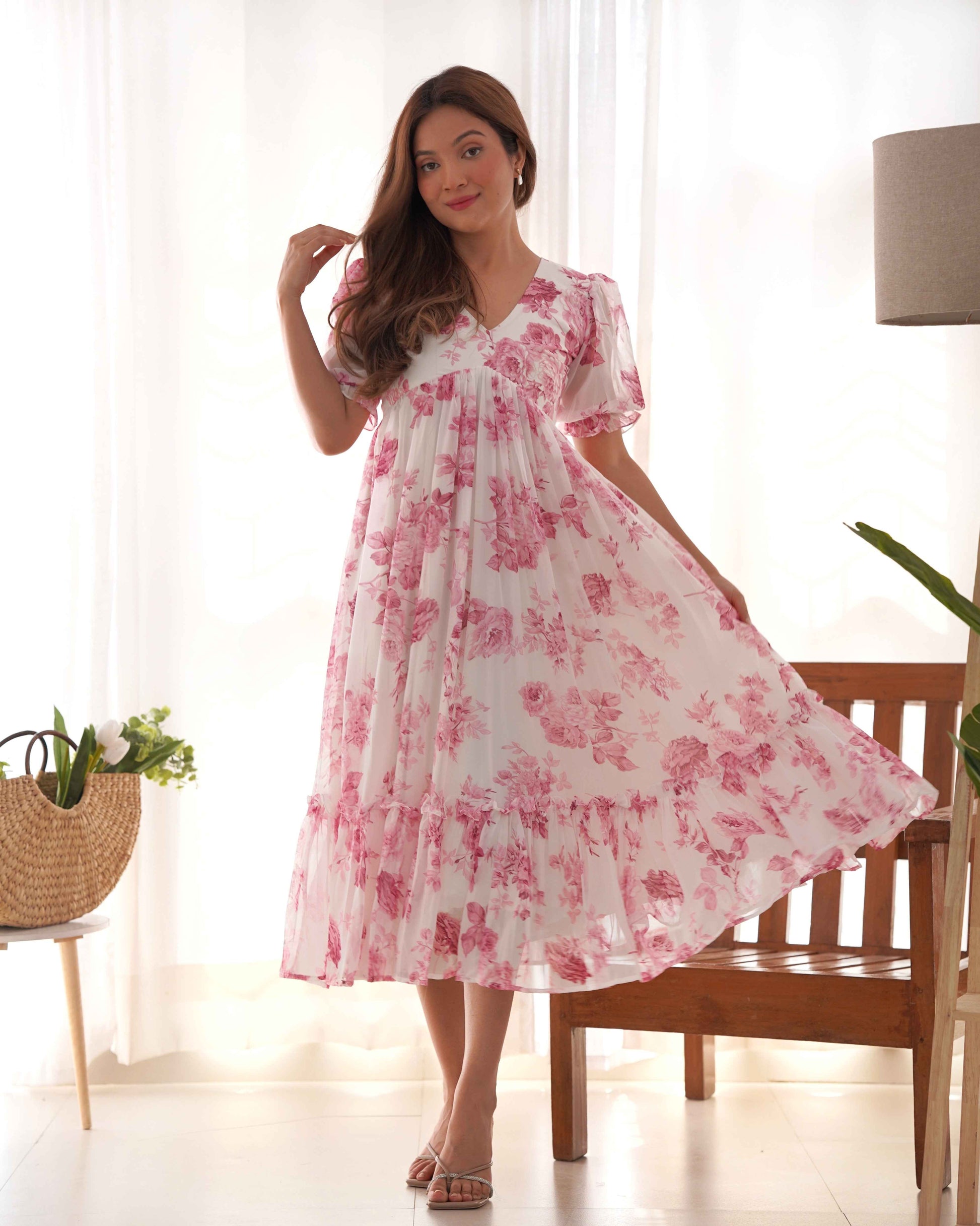 Pink Georgetee Floral Print One Piece Dress