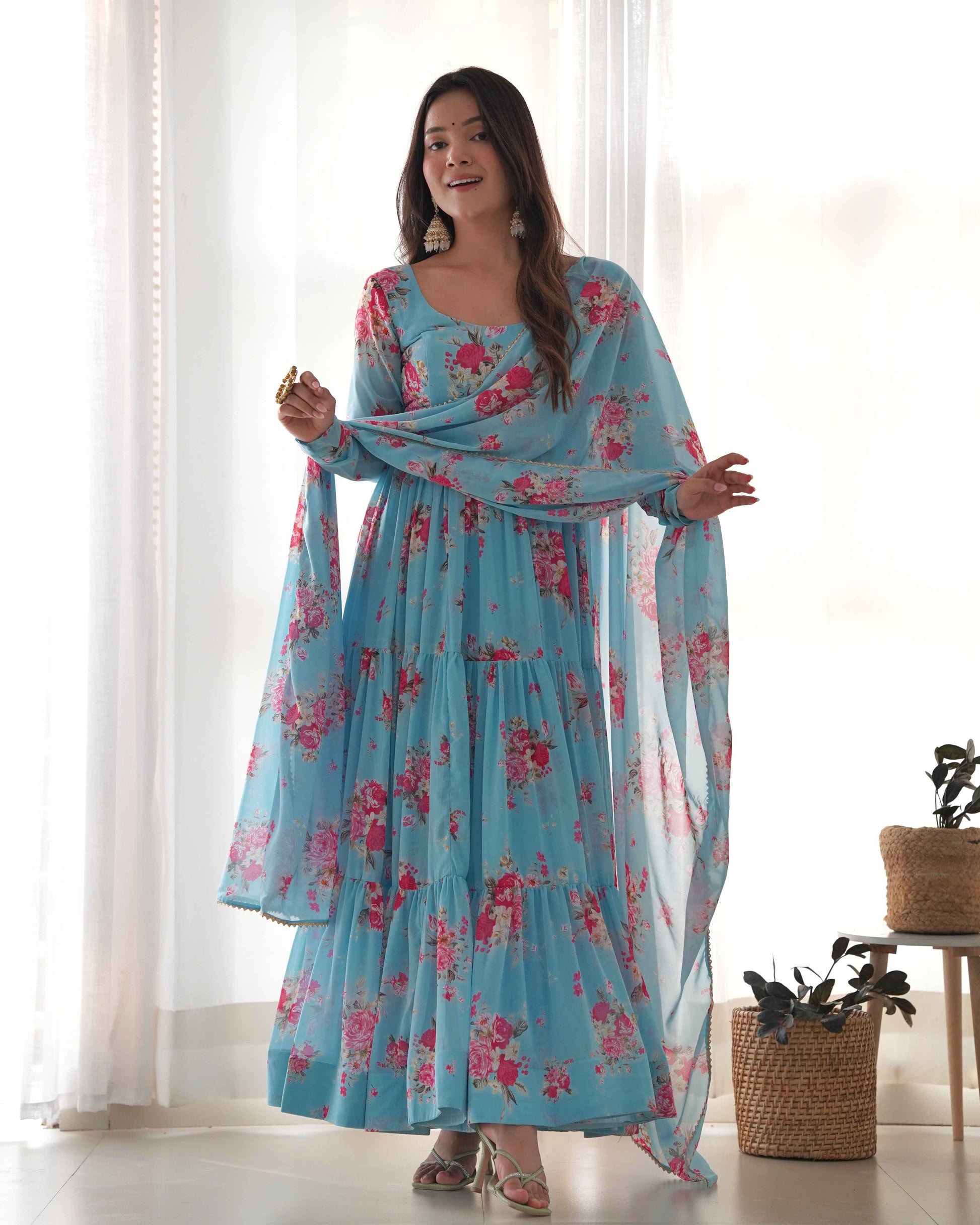 Pure Soft Fox Georgette Floral Print Fabric Fully Flair Anarkali