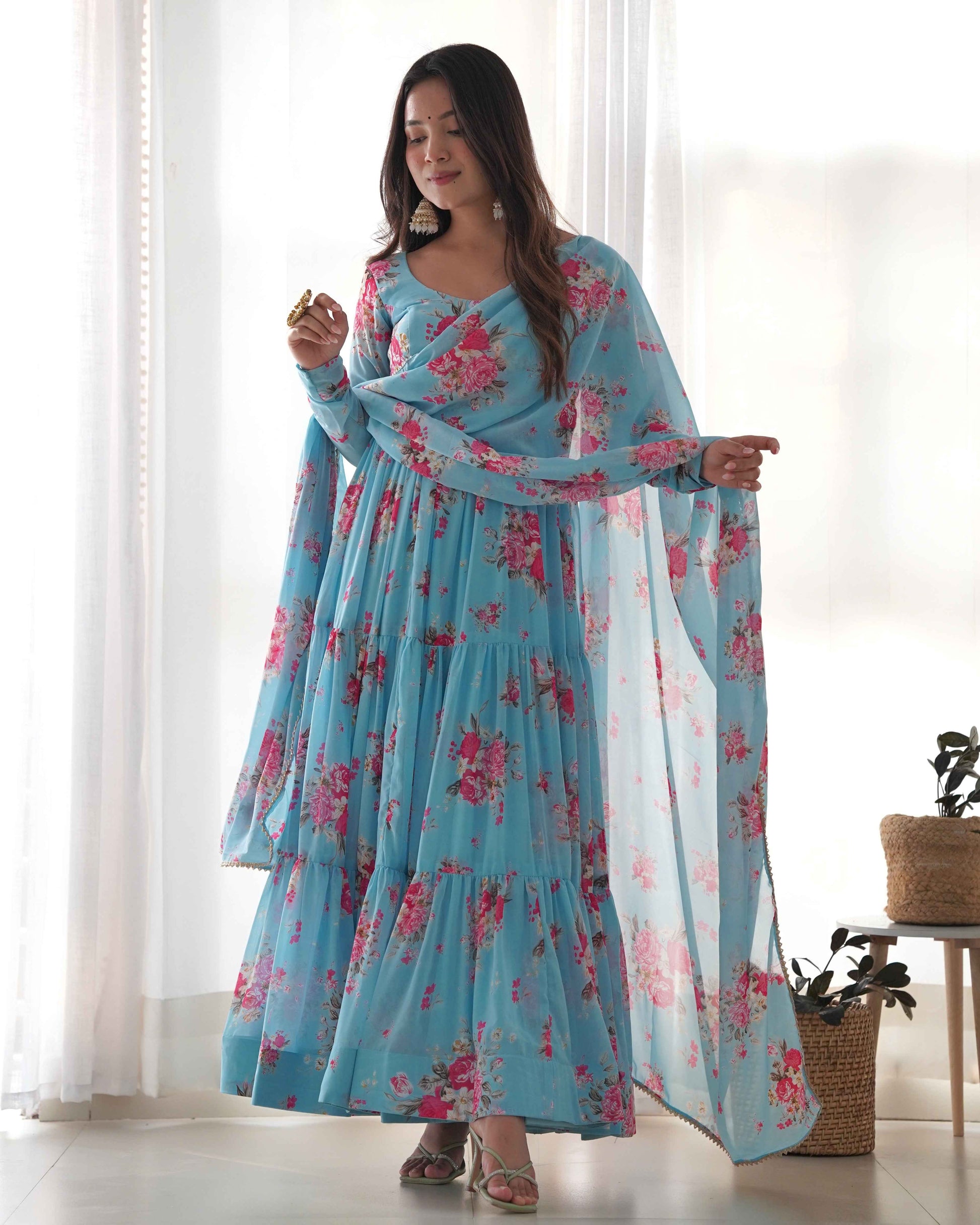 Pure Soft Fox Georgette Floral Print Fabric Fully Flair Anarkali