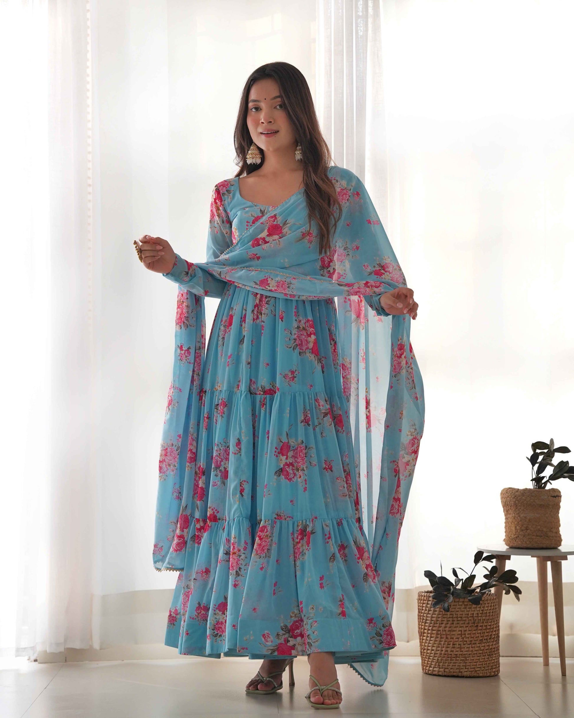 Pure Soft Fox Georgette Floral Print Fabric Fully Flair Anarkali