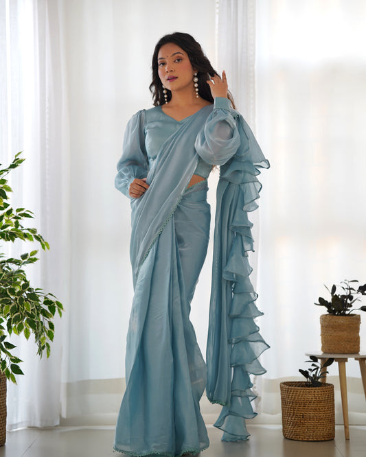 Blue Partywear Wedding Ruffle Saree & Blouse Stitch