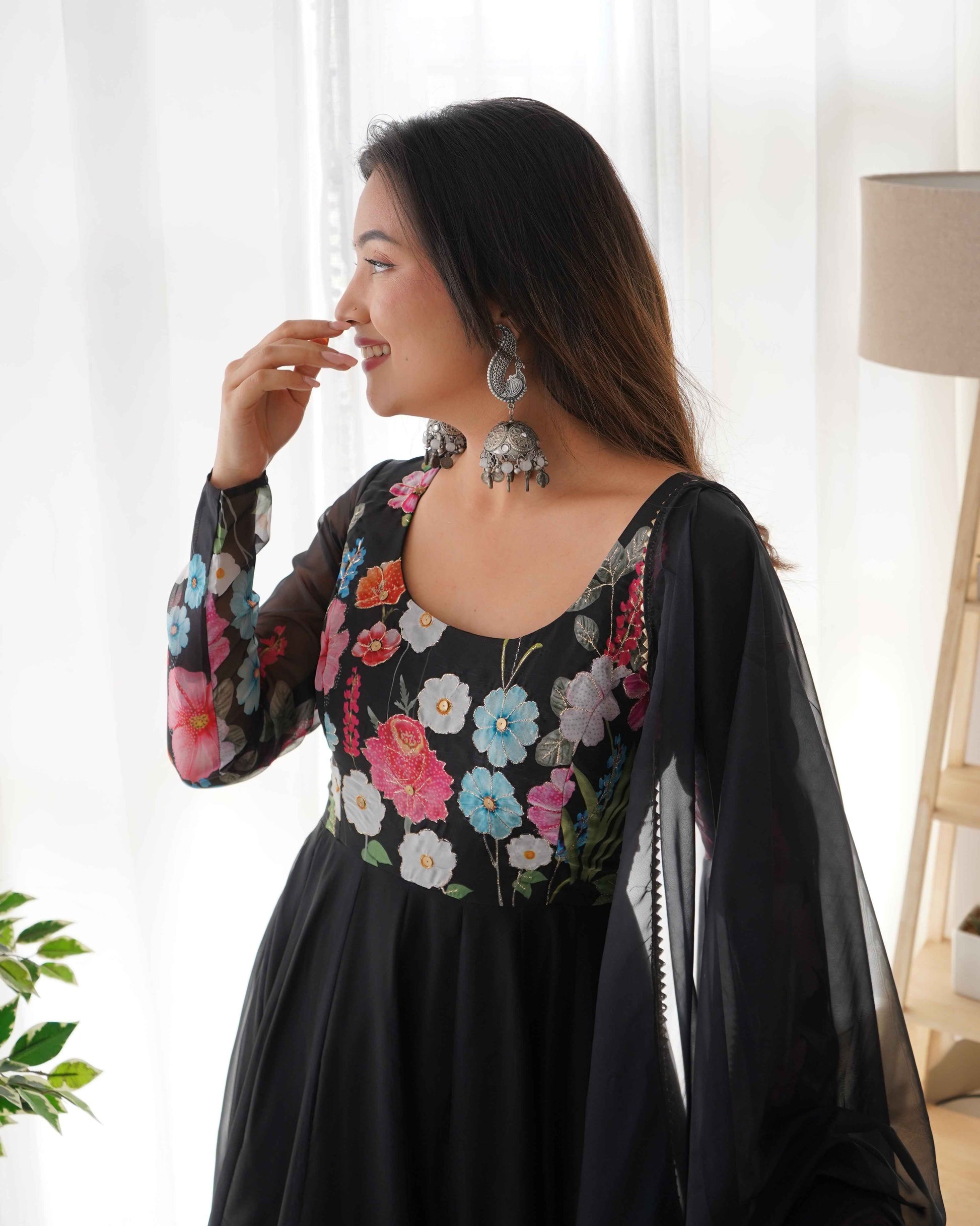 Black Pure soft organza silk fabric fully flair kali pattern Kurta Suit