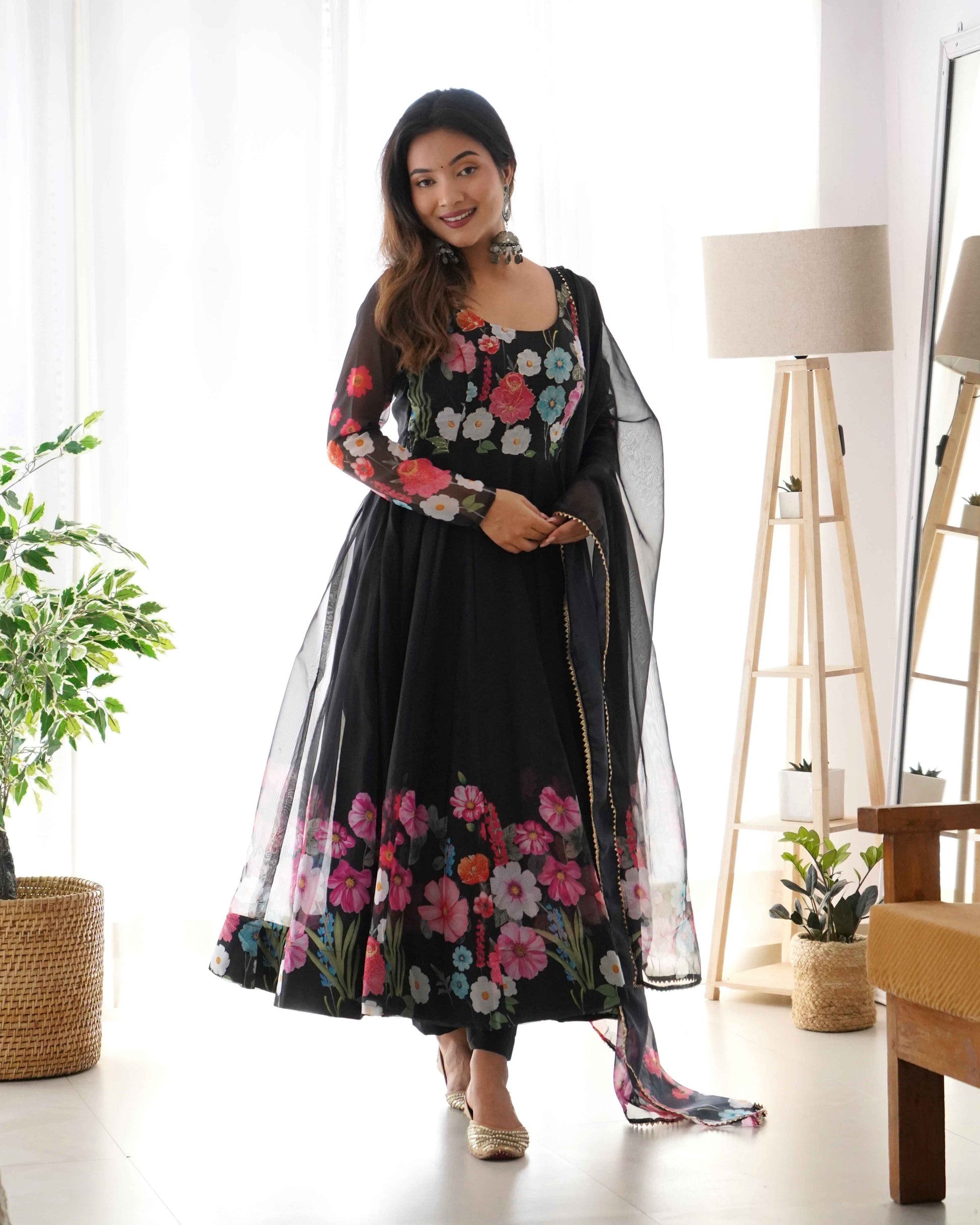 Black Pure soft organza silk fabric fully flair kali pattern Kurta Suit