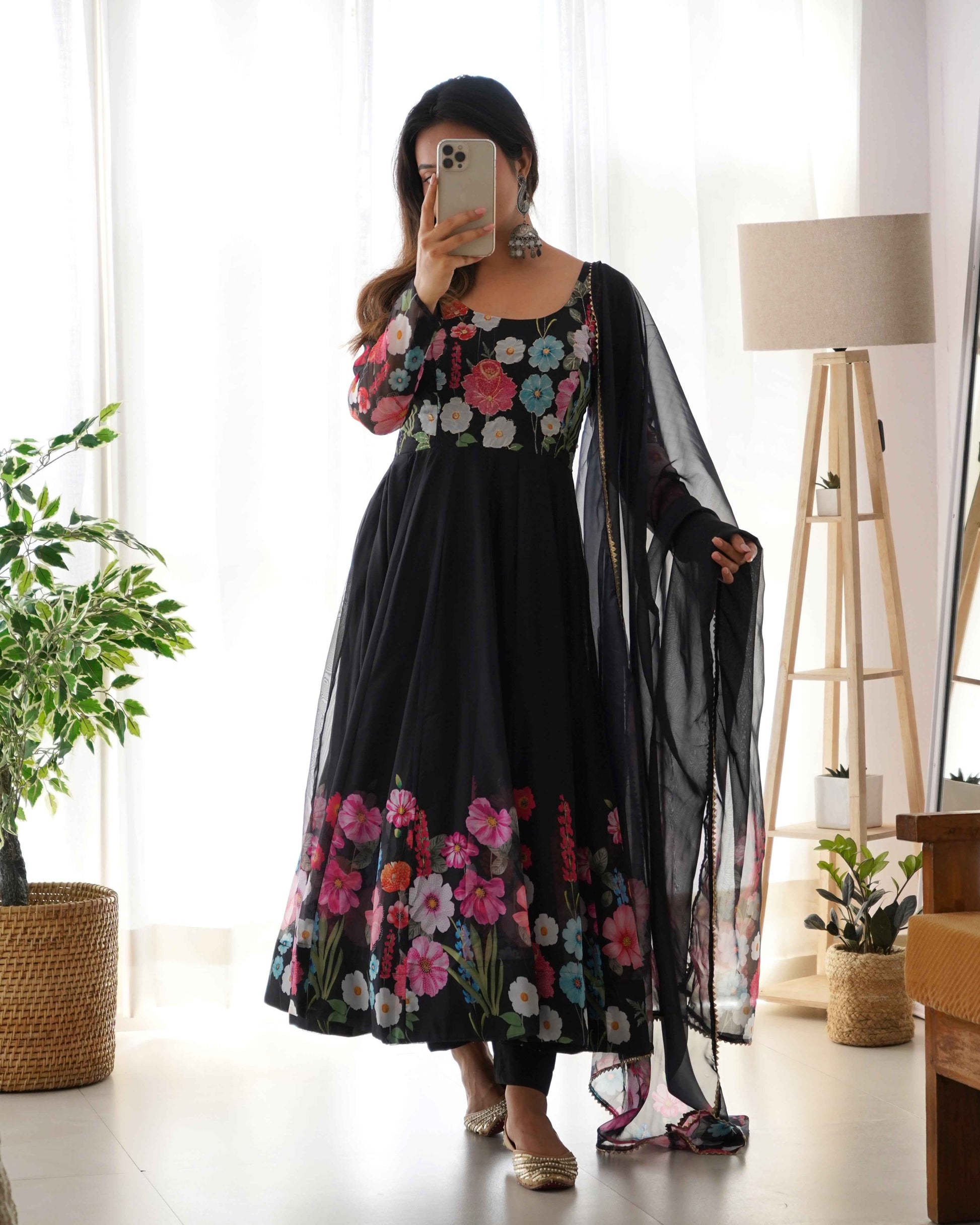 Black Pure soft organza silk fabric fully flair kali pattern Kurta Suit