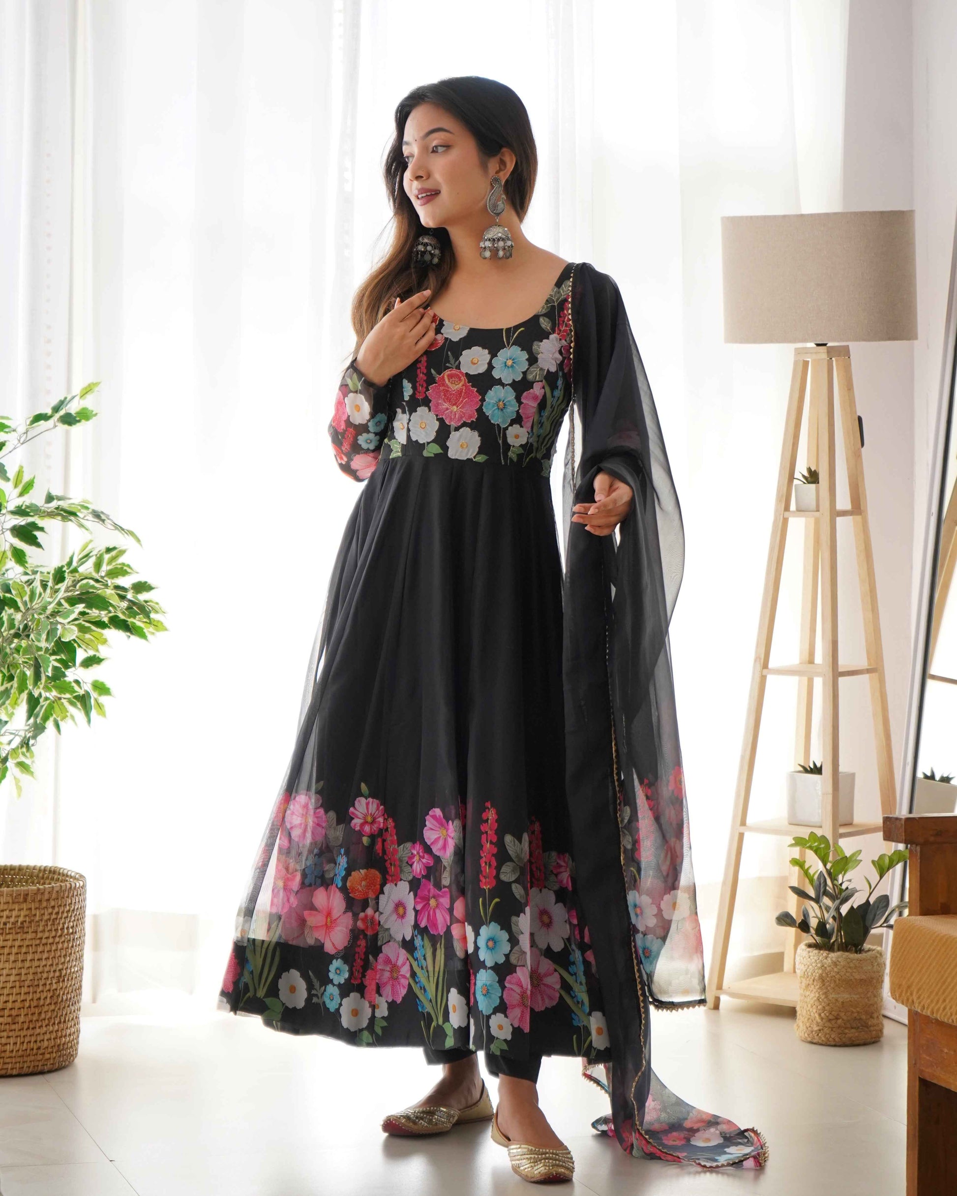 Black Pure soft organza silk fabric fully flair kali pattern Kurta Suit