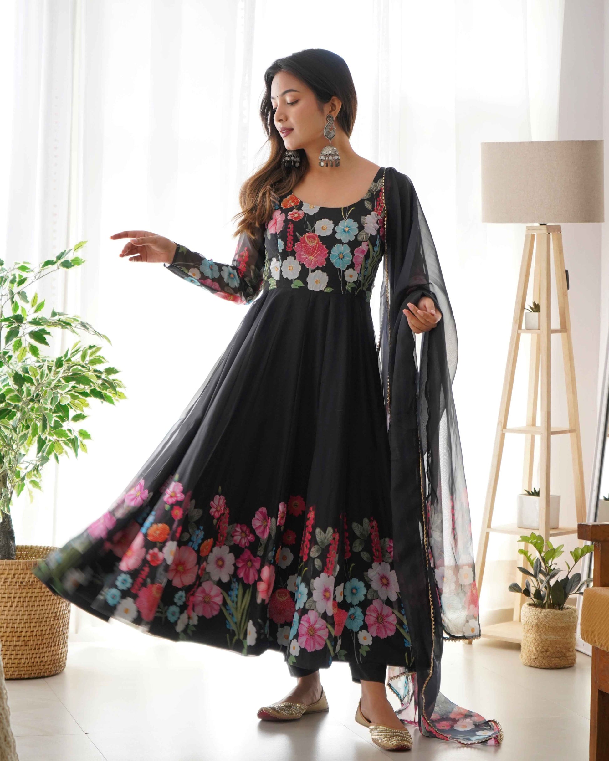 Black Pure soft organza silk fabric fully flair kali pattern Kurta Suit