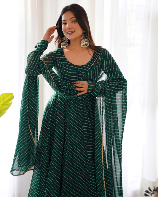 Green Round Neck Leheriya Printed Regular Anarkali Kurta Set