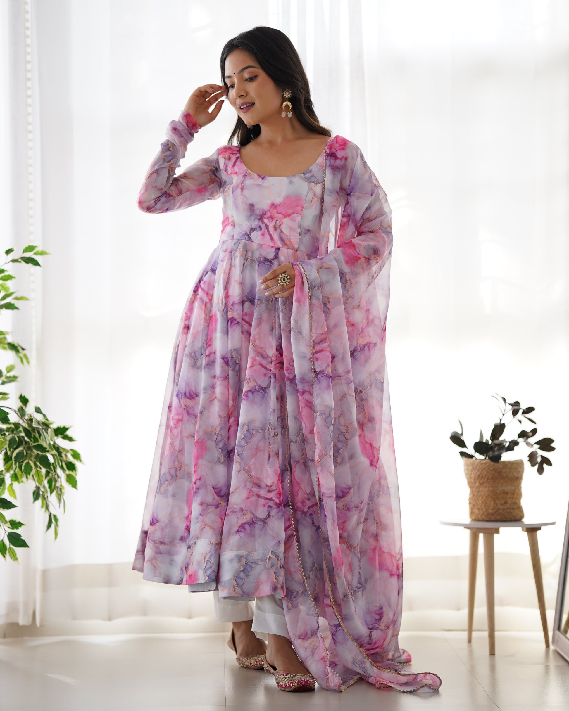Pure Soft Organja Silk Fabric Fully Flair Kali Pattern - Sareevaleindia