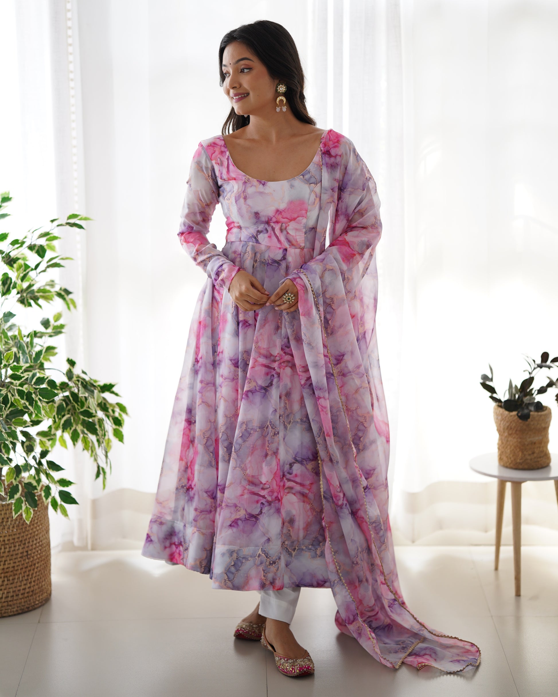 Pure Soft Organja Silk Fabric Fully Flair Kali Pattern - Sareevaleindia