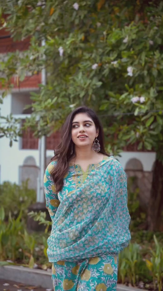 Ethnic Indian Wear Elegant Blue Floral Cotton Suit for Women