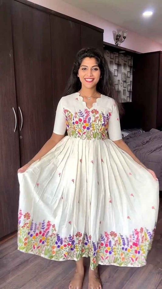 floral embroidered A-line cotton dress