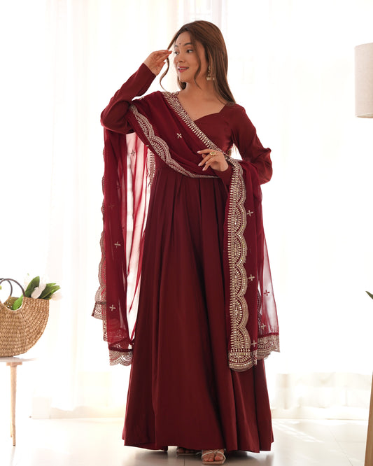Red Roman Silk Chanderi Anarkali with Dupatta & Stitched Pants