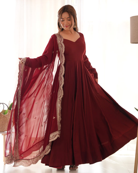 Red Roman Silk Chanderi Anarkali with Dupatta & Stitched Pants