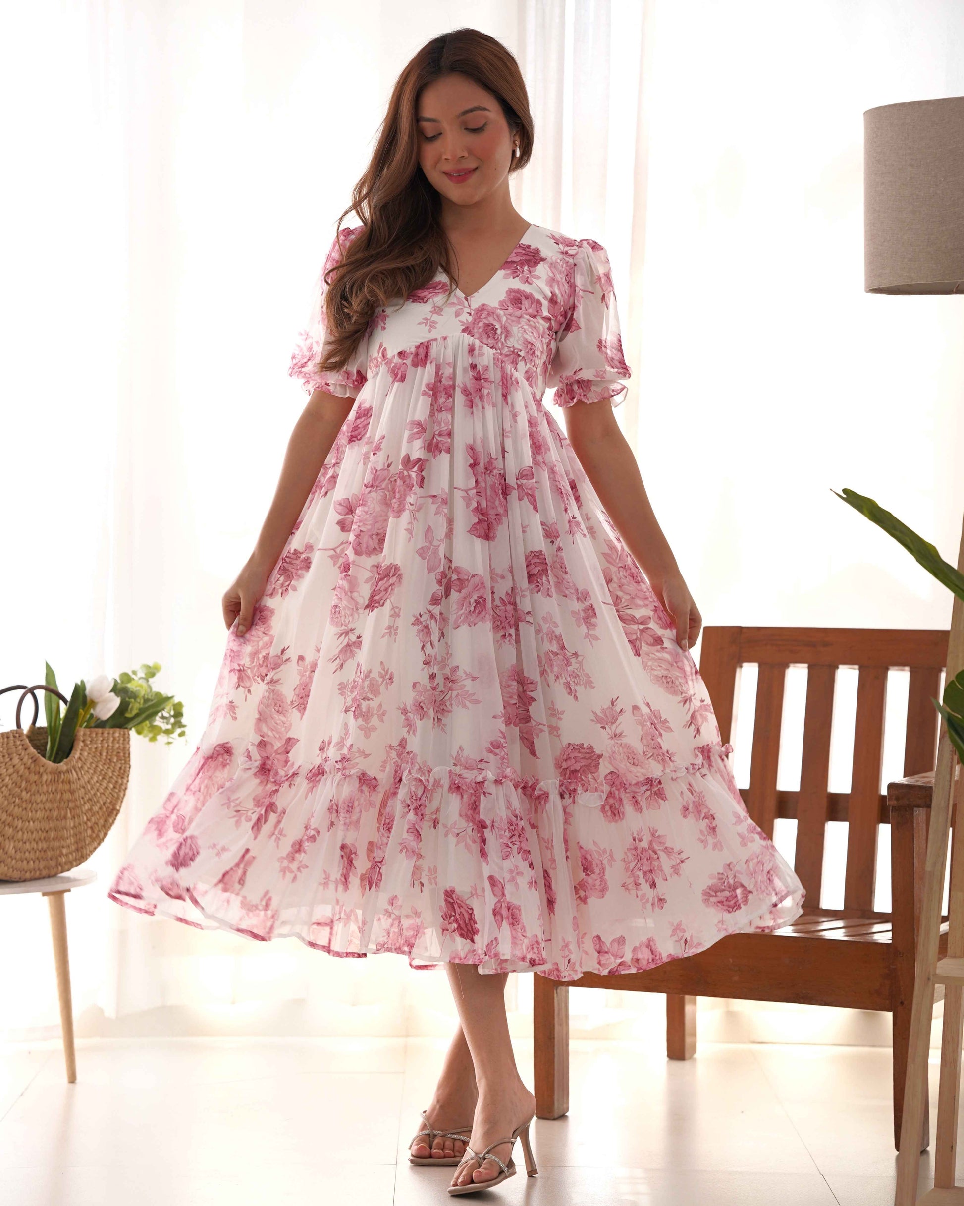 Pink Georgetee Floral Print One Piece Dress