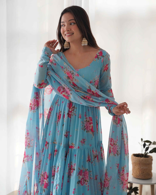 Pure Soft Fox Georgette Floral Print Fabric Fully Flair Anarkali