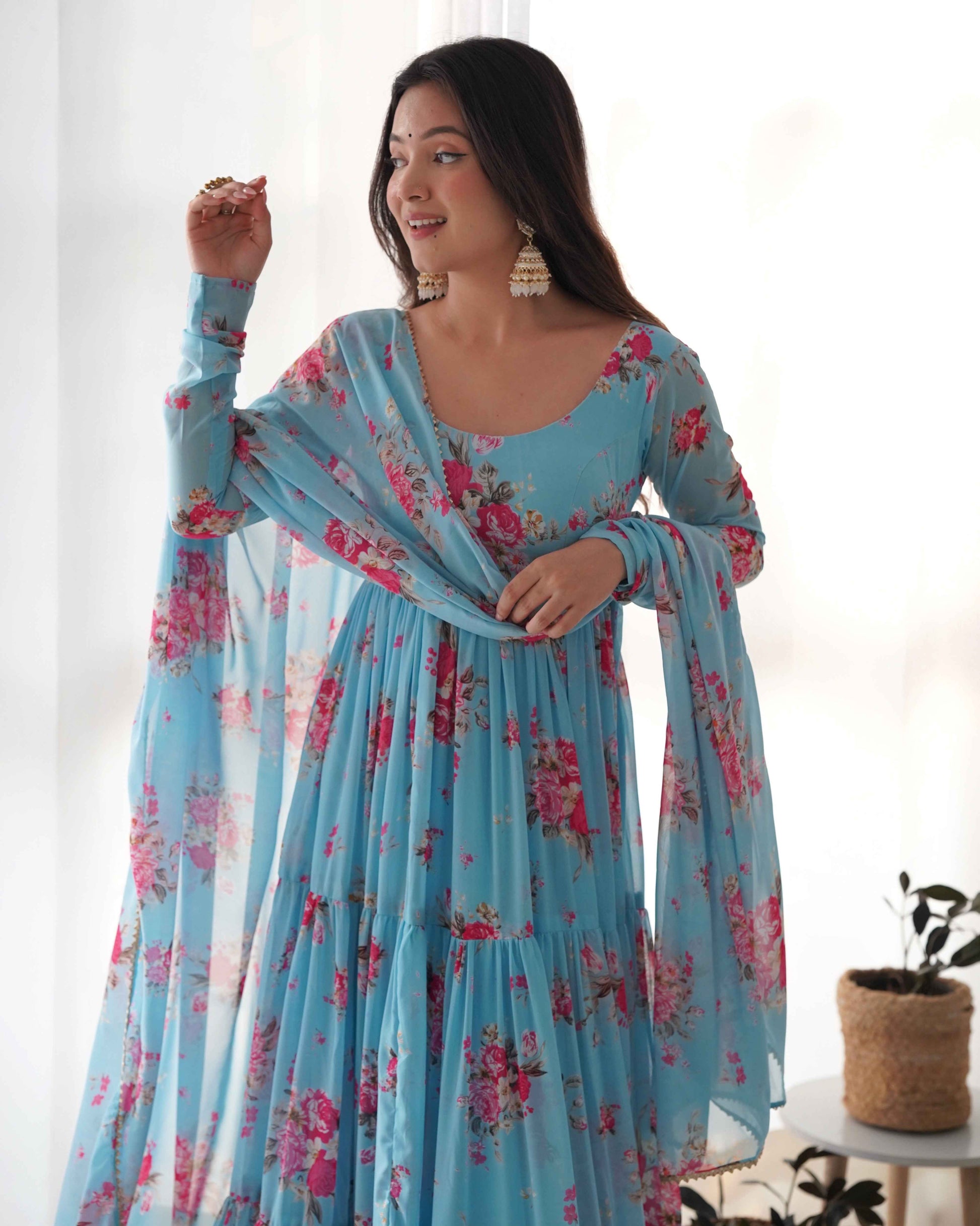 Pure Soft Fox Georgette Floral Print Fabric Fully Flair Anarkali