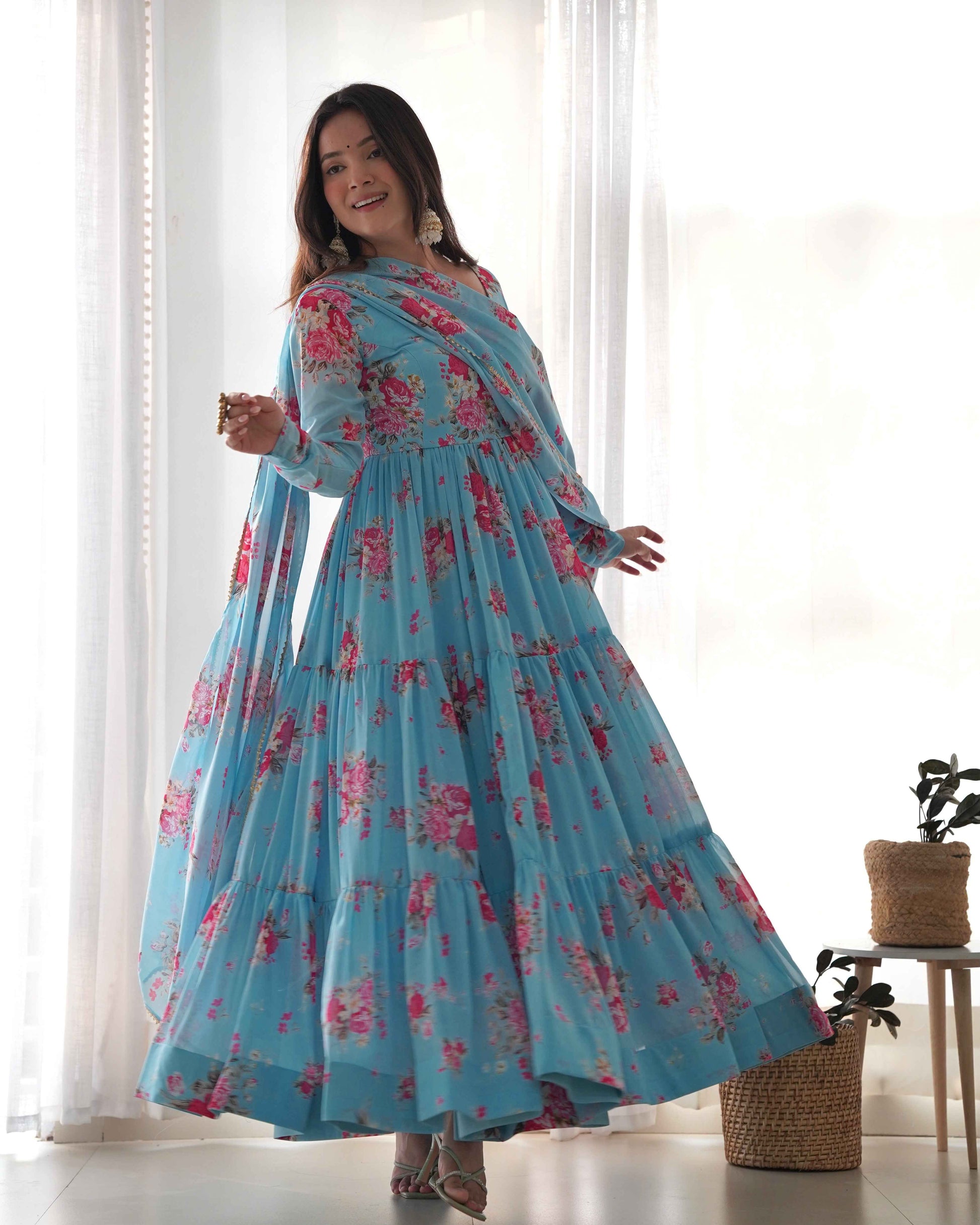 Pure Soft Fox Georgette Floral Print Fabric Fully Flair Anarkali