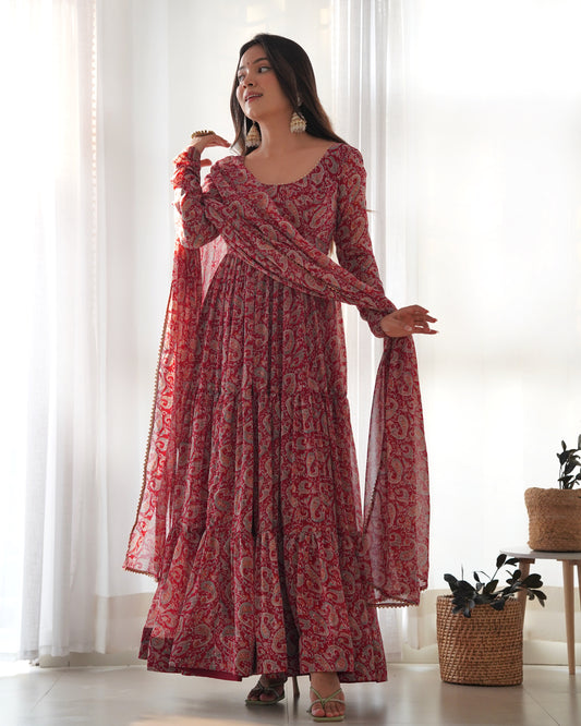 Pure Soft Fox Georgette Kalamkari Print Fabric Fully Flair Anarkali