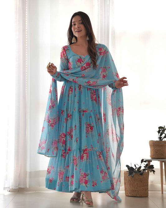 Pure Soft Fox Georgette Floral Print Fabric Fully Flair Anarkali