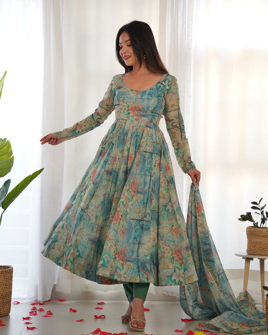 Green Women Printed Anarkali Kurta Suit Set