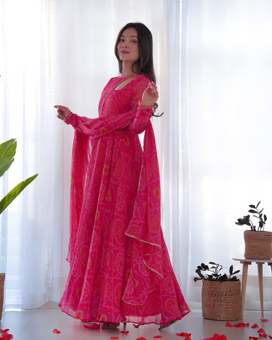 Pink Color Bandhej Print Soft Chiffon Stylish Neck