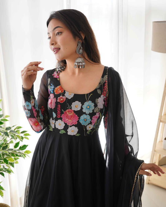 Black Pure soft organza silk fabric fully flair kali pattern Kurta Suit