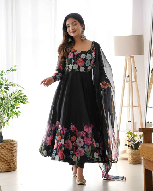 Black Pure soft organza silk fabric fully flair kali pattern Kurta Suit