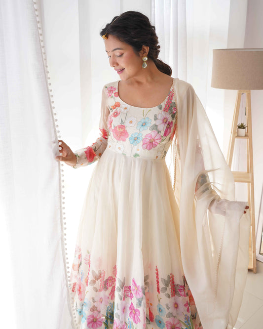 Cream Pure soft organza silk fabric fully flair kali pattern Kurta Suit