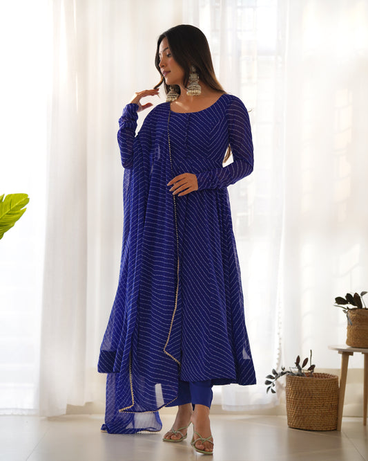 Purple Round Neck Leheriya Printed Regular Anarkali Kurta Set