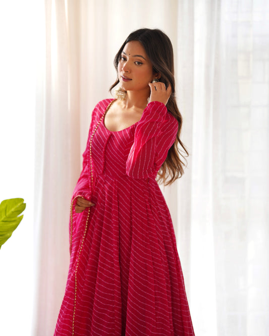 Pink Round Neck Leheriya Printed Regular Anarkali Kurta Set