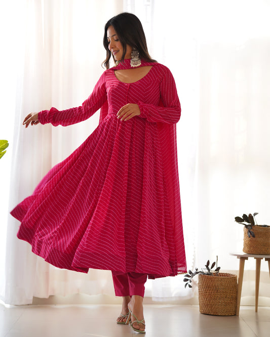 Pink Round Neck Leheriya Printed Regular Anarkali Kurta Set