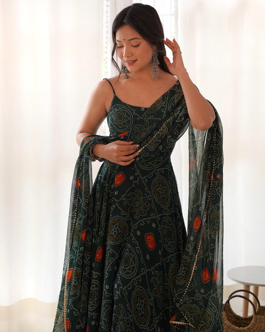 Bottle Green bandhani anarkali with Pant and Dupatta Suit Set