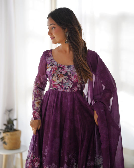 Wine Women Floral Print Anarkali Kurta Set