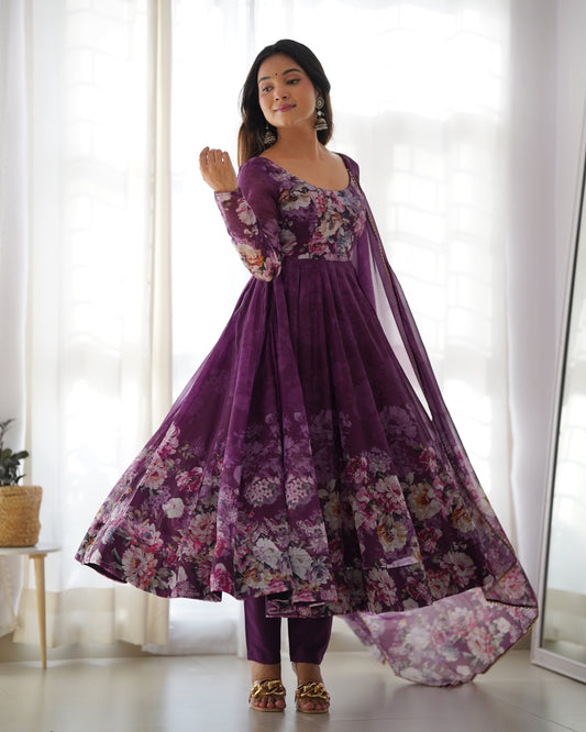 Wine Women Floral Print Anarkali Kurta Set