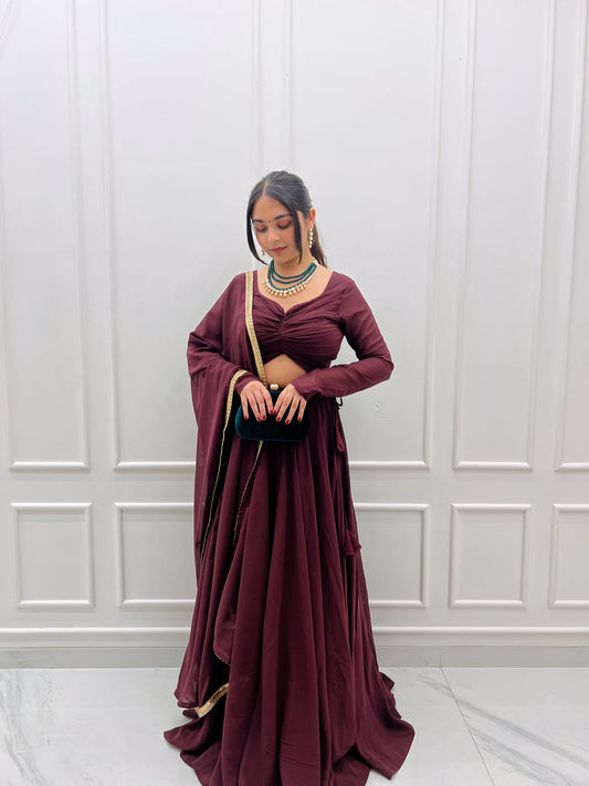 Wine plain lehenga set with dupatta