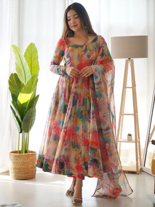 Red Woman's Digital Print Organza Taby Silk Kurti and Pent with Duppatta