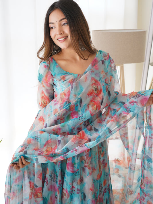 Blue Woman's Digital Print Organza Taby Silk Kurti and Pent with Duppatta (Copy)