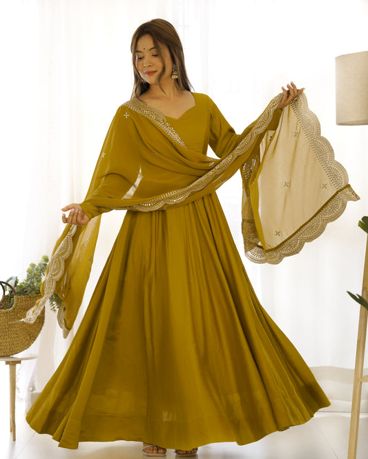 Musted Roman Silk Chanderi Anarkali with Dupatta & Stitched Pants