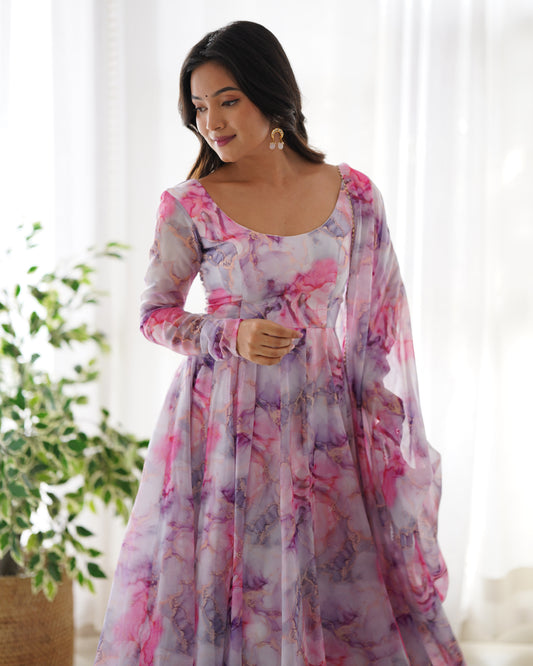 Pure Soft Organja Silk Fabric Fully Flair Kali Pattern - Sareevaleindia