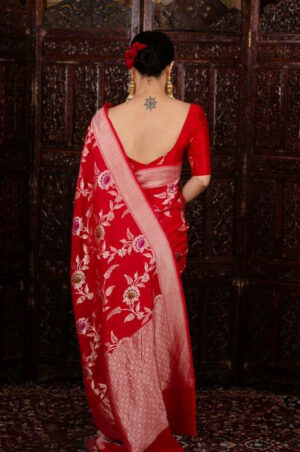 Pure Red Jall Zari Woven Banarasi Soft Silk Saree By Saree Vale