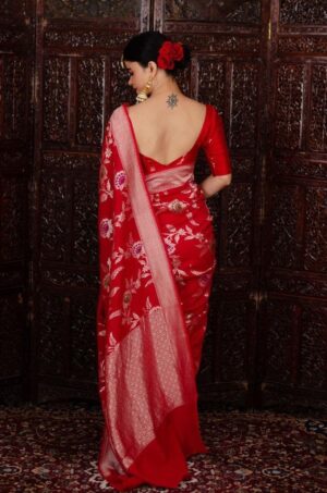 Pure Red Jall Zari Woven Banarasi Soft Silk Saree By Saree Vale