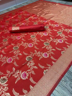 Pure Red Jall Zari Woven Banarasi Soft Silk Saree By Saree Vale