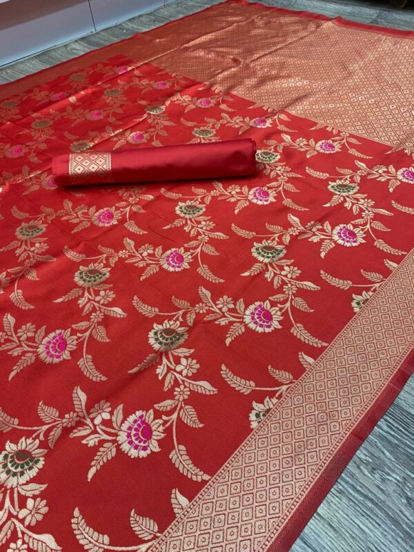 Pure Red Jall Zari Woven Banarasi Soft Silk Saree By Saree Vale