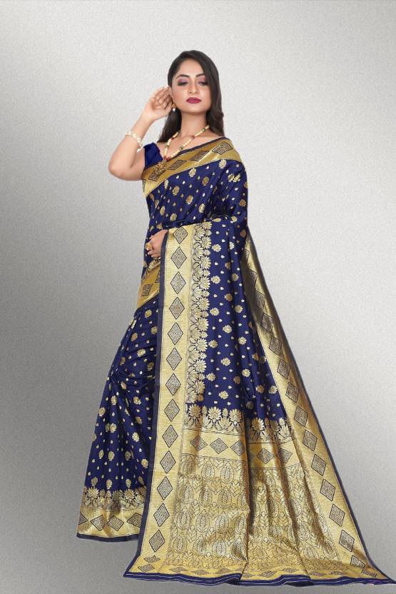 Buy Beatitude Blue Gold-Toned Woven Design Zari Silk Blend